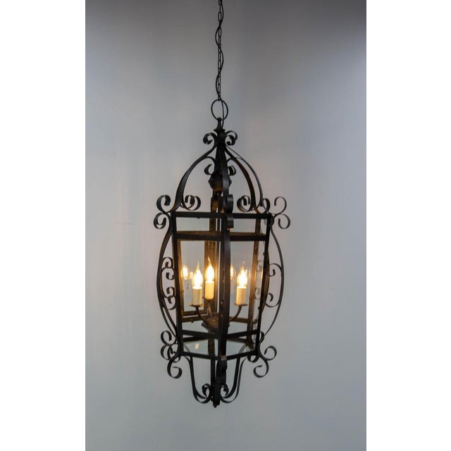 French Ceiling Lamp in Wrought Iron and Glass, 1960s For Sale - Image 6 of 15