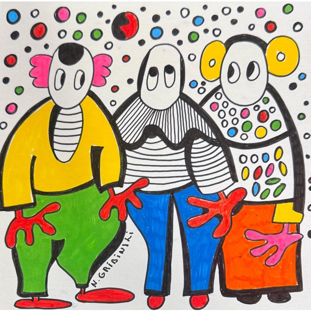 Trio of Gentle Mischief — Nathalie Gribinski — Small Abstract Figurative Drawing (8 X 8 In, 2025) For Sale