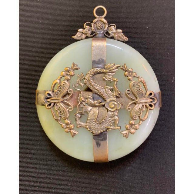 Vintage Jadeite Glass & Gilt Metal Phoenix Pendant / Medallion For Sale - Image 4 of 7
