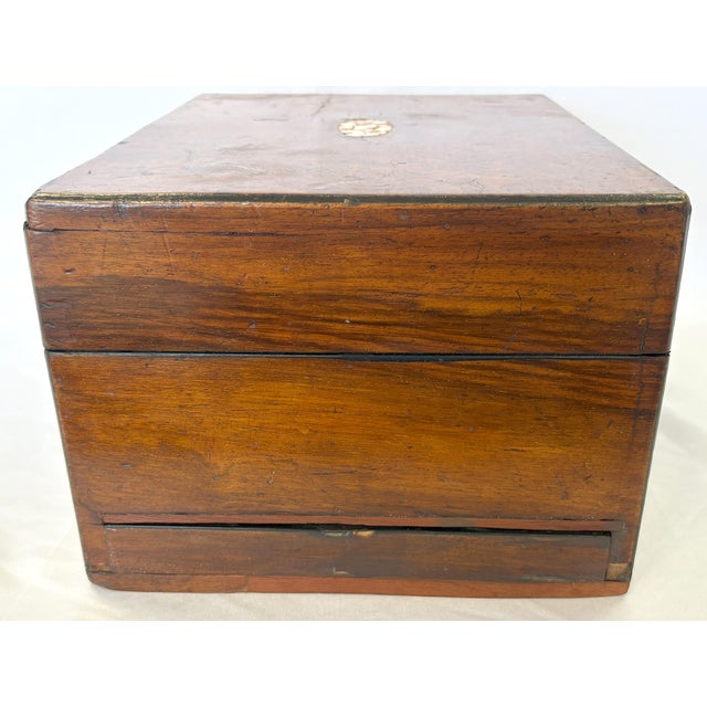 Wood Antique English Burlwood Writing Box With Blue Velvet Lining and Mother-of-Pearl Inlay For Sale - Image 7 of 12