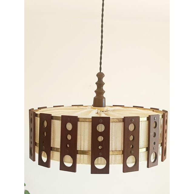 Scandinavian Teak and Fabric Pendant Light, 1960 For Sale - Image 3 of 11