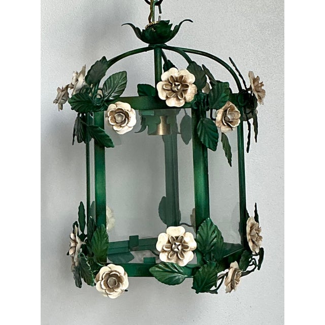 French Country Vintage Floral Tole Lantern For Sale - Image 3 of 12