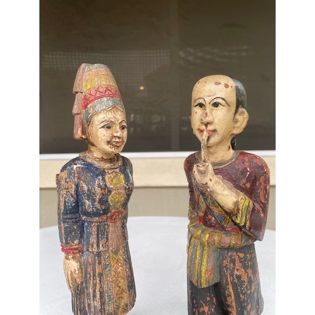 Vintage Asian Carved & Painted Wood Man and Woman Figures - Set of 2 For Sale - Image 4 of 10