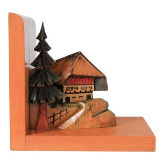 Vintage German Carved Wood Cottage Bookend For Sale