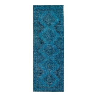 Vintage Overdyed Handmade Teal Wool Runner With Tribal Design For Sale