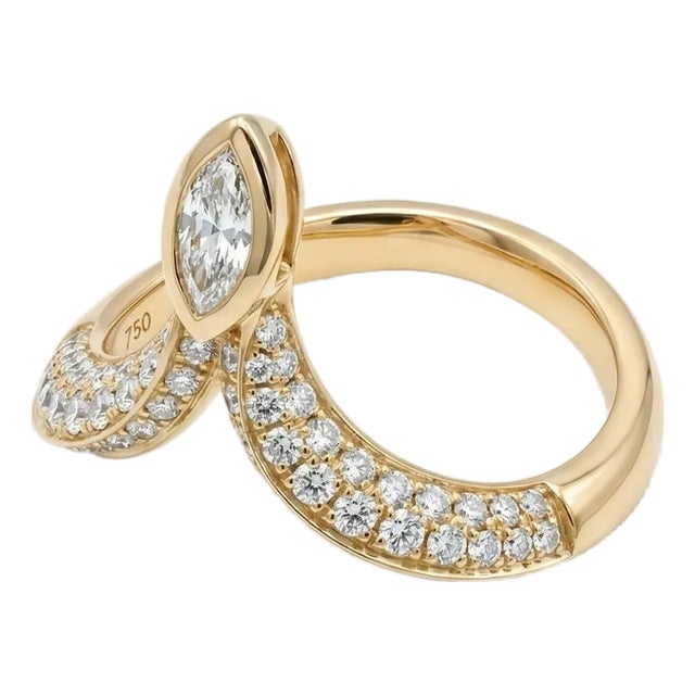 18k Yellow Gold Pave Diamond Snake Bypass Ring, Size 6.75 For Sale