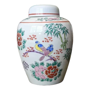 Vintage Chinoiserie Bird Floral Porcelain Ginger Jar Vase