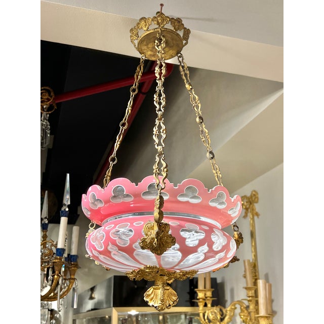 Antique Cased Pink Cut to White and Clear Glass and Bronze Chandelier For Sale - Image 12 of 12