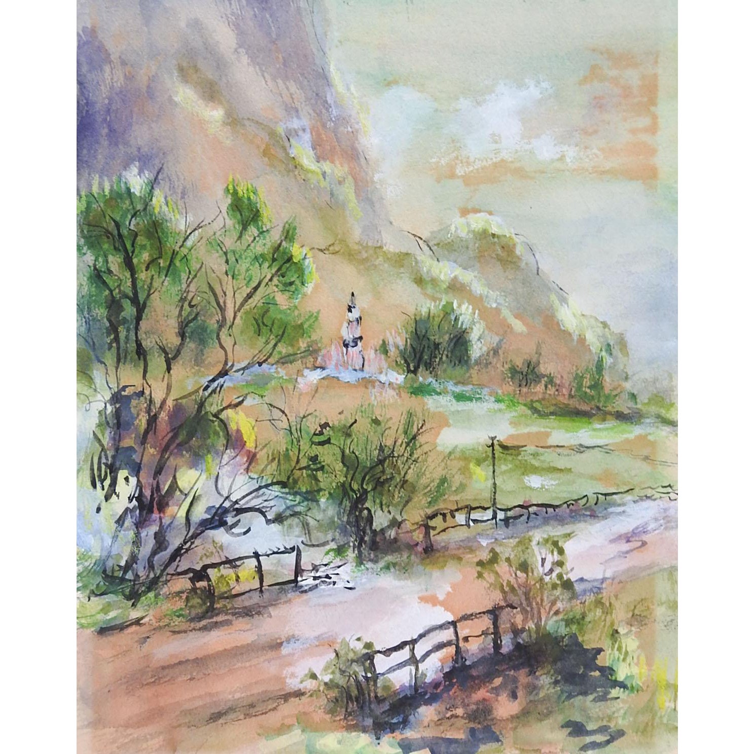 Impressionist Landscape & Bridge Watercolor & Gouache Painting | Chairish