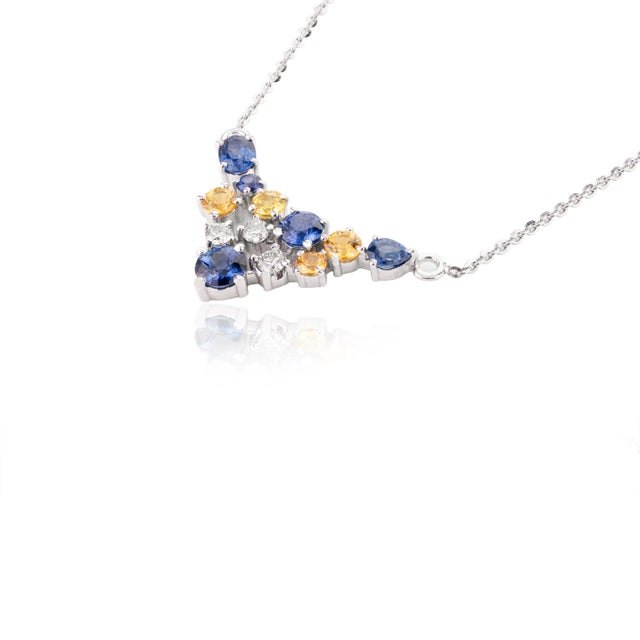 Art Nouveau 1.99ct Multi Sapphire & Diamond Cluster 14k Gold Pendant Chain Necklace For Sale - Image 3 of 11