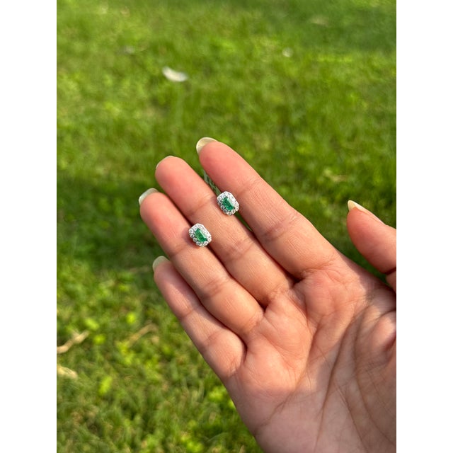 Contemporary Estate Natural Octagon Emerald & Diamond Halo Earrings in 14k White Gold- 2 Pieces For Sale - Image 3 of 13