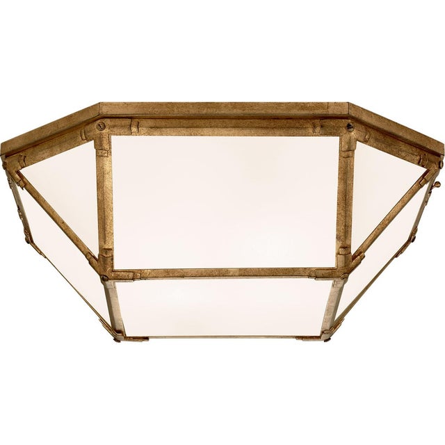 Morris Large Flush Mount in Gilded Iron with White Glass Designer: Suzanne Kasler Canopy: 20" Square Mounting: Flush Shade...
