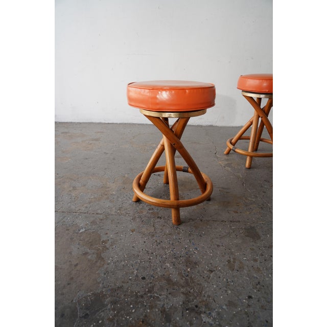 Wood Set of 4 Mid Century Coastal Rattan Tiki Counter Stools Attrib Paul Frankl For Sale - Image 7 of 12