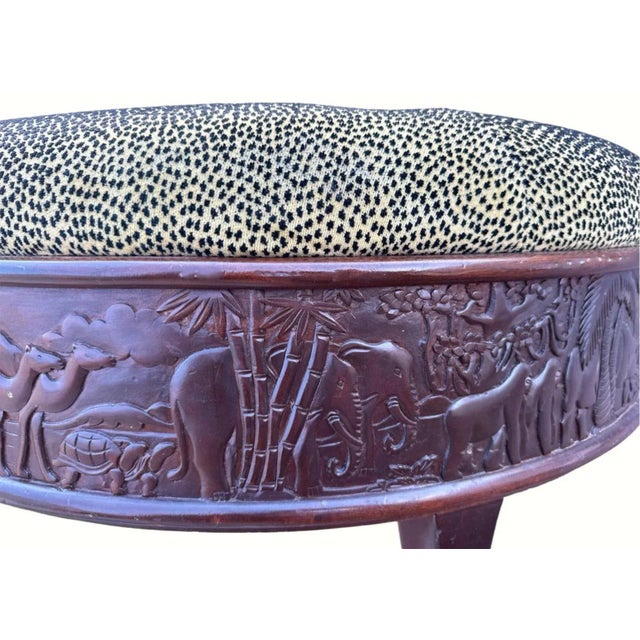 Asian Sam Moore Safari Round Cocktail Ottoman With Carved Teakwood Frame and Cheetah Print Upholstery For Sale - Image 3 of 11