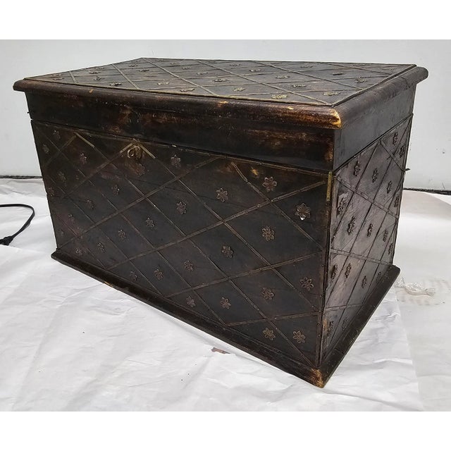American Mid 20th Century Solid Painted Wood and Ornate Metal Mounted Strongbox For Sale - Image 3 of 12