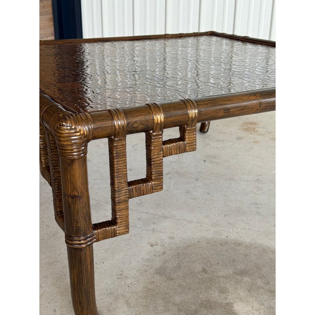 Coffee Mid-Century Organic Modern Rattan Fretwork Coffee Table With Mosaic Wood Inlay Top Manner of John Wisner For Sale - Image 8 of 12