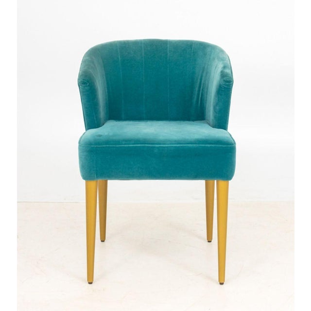 Brabbu Teal Blue Velvet Upholstered Side Chair, gold-tone plaque label to underside. 30.75" H x 22" W x 23.75" D; seat:...