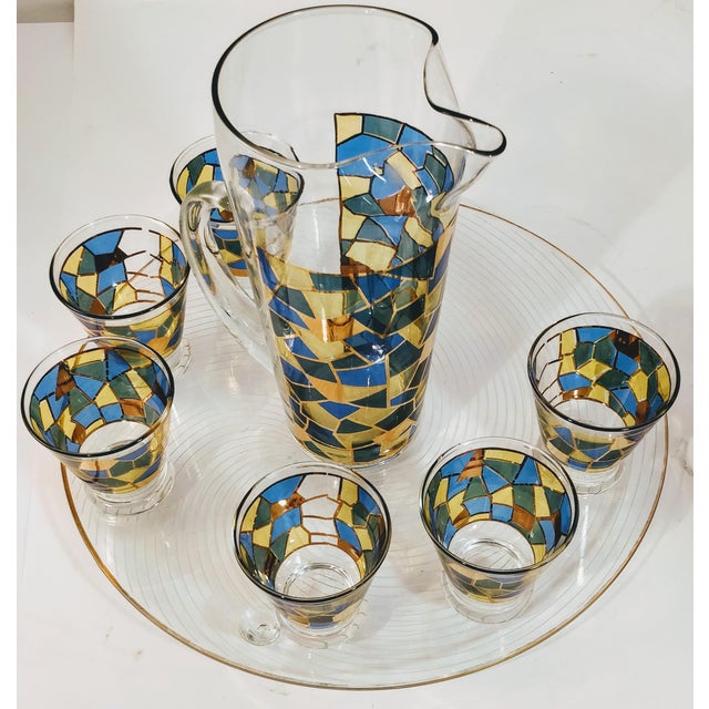 Vintage Mosaic Motif Martini Cocktail Pitcher & Glasses 7 Pieces