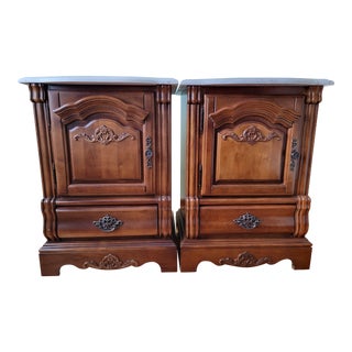 1990s Traditional Vintage Solid Wood Nightstands With Marble Top - a Pair For Sale