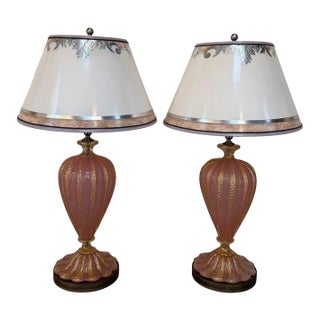 Mid 20th Century Murano Pink and Gold Glass Table Lamps W/ Coordinating Parchment Shades - a Pair For Sale