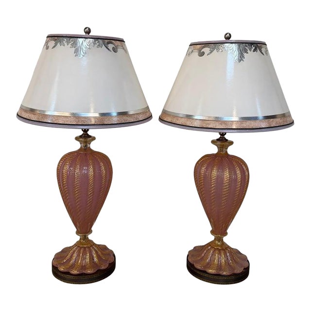 Mid 20th Century Murano Pink and Gold Glass Table Lamps W/ Coordinating Parchment Shades - a Pair For Sale