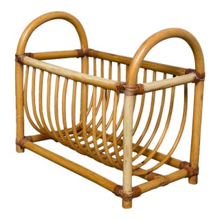 Vintage Rattan Magazine Rack Newspaper Holder Boho Wicker Mid Century Stand For Sale