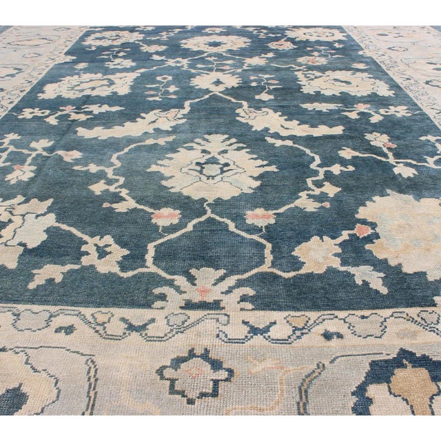 Early 21st Century Large Turkish Oushak Rug With Dark Teal Blue Background & Ice Blue Border For Sale - Image 5 of 12