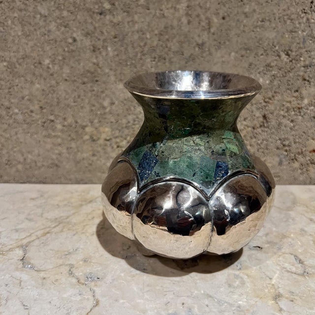 AMBIANIC presents Vintage Los Castillo Silver Metal Malachite Turquoise Vase Mexico Stamped by maker. Beautiful Mayan...