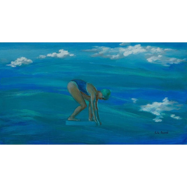 Figurative oil painting on wood panel titled Just Before, showing a female swimmer poised to dive into a sea of blue,...