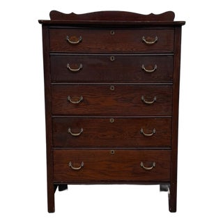 Early 20th Century Antique Oak Arts & Crafts Five-Drawer Tallboy Chest With Scalloped Backsplash For Sale