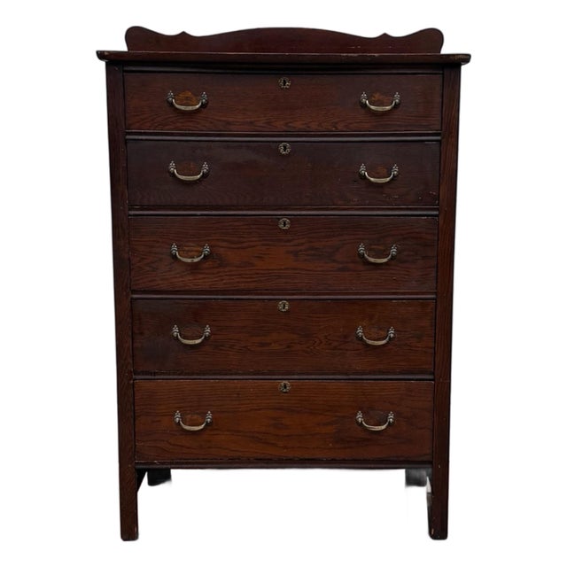 Early 20th Century Antique Oak Arts & Crafts Five-Drawer Tallboy Chest With Scalloped Backsplash For Sale