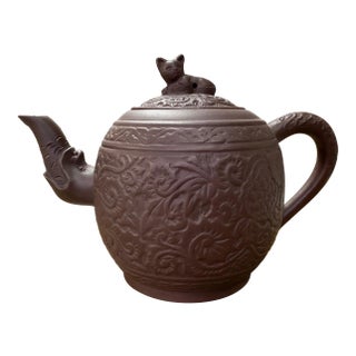 Chinese Clay Tea Pot With Incised Floral Design and Cat on the Top For Sale