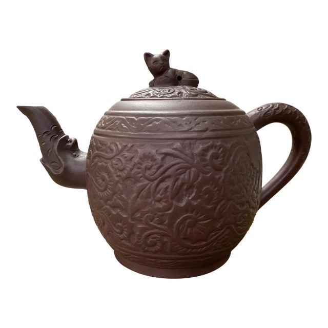 Chinese Clay Tea Pot With Incised Floral Design and Cat on the Top For Sale