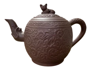 Chinese Clay Tea Pot With Incised Floral Design and Cat on the Top