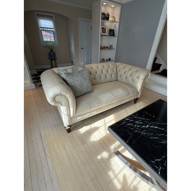 Contemporary Cream-Colored, Leather Chesterfield Sofa For Sale - Image 3 of 8
