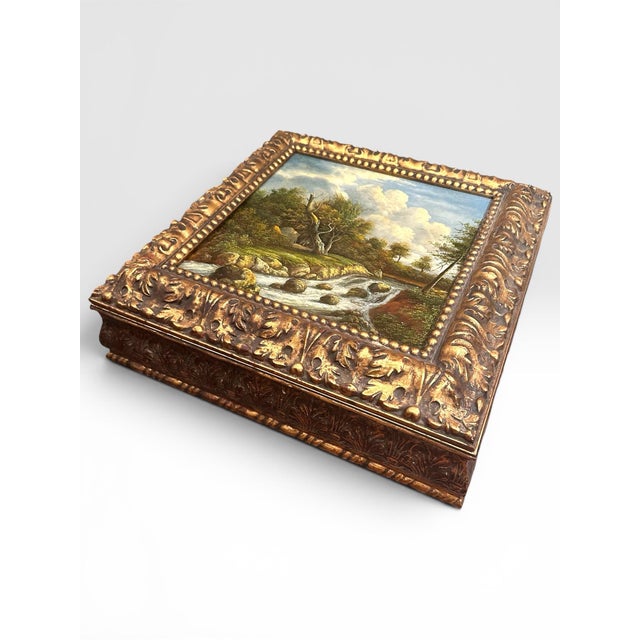 Large Florentine Giltwood Box With J. Van Ruisdael Dutch Landscape Painting. For Sale - Image 4 of 14