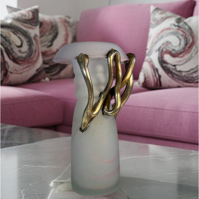 Art Glass Pink Satin and Abstract Metal Looped Vase by Artist Vasile Tubi Vădan For Sale - Image 9 of 18