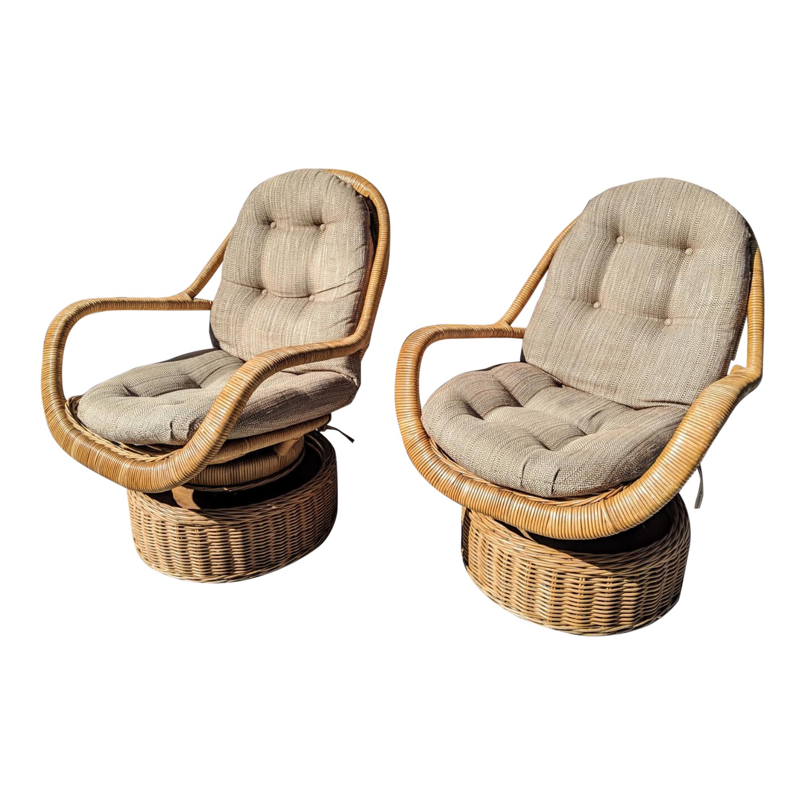 1970 S Rattan Lounge Chairs Swivel And Rocking W Cushion Pads Vintage Chairish