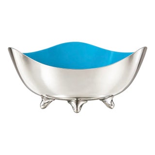 Vintage Heirloom Silver Plate & Turquoise Enamel Footed Bowl For Sale