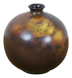 Antique Ceramic Brown & Yellow Floral Roses Orb Bud Vase Pottery