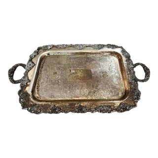 Large Detailed Vintage Silver Tray With Handles For Sale