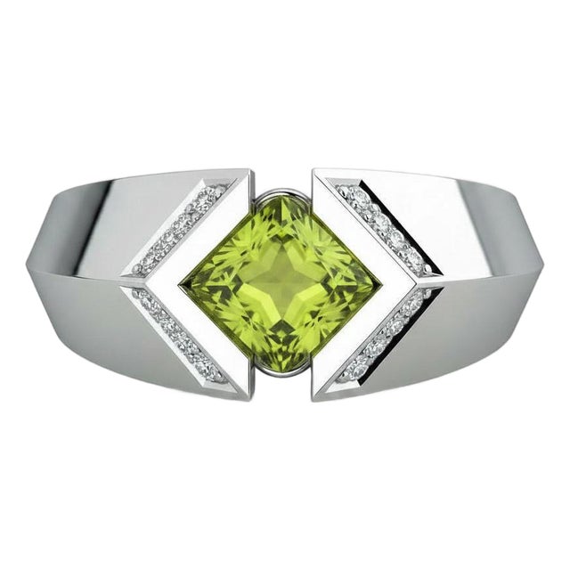 Square-Cut Peridot Architectural Silver Cocktail Ring, Size 7.5 For Sale