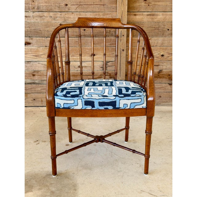 Vintage Chinoiserie Drexel Heritage Faux Bamboo Walnut Spindle Arm Chair Newly Upholstered For Sale In Naples, FL - Image 6 of 12