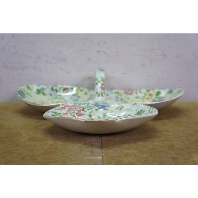 Ceramic Antique Deans Burslem Dresden Green Chintz Divided Clover Dish 13" For Sale - Image 7 of 14