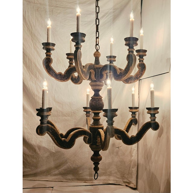 Gothic Paul Ferrante Style - Large French Provincial Two Tier 12 Light Wooden Chandelier For Sale - Image 3 of 8
