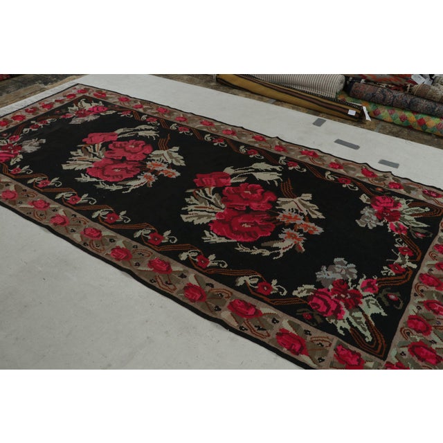 Transitional Mid Century Bessarabian Kilim Rug Vintage Black Red Floral Pattern Flat Weave For Sale - Image 3 of 9