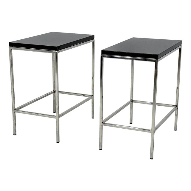 Pair of Minimalist Chrome Side Tables With Granite Tops For Sale
