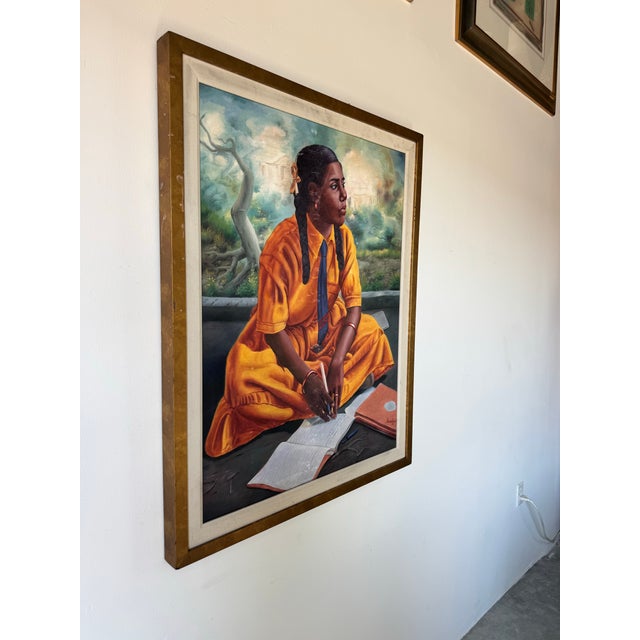 This captivating 2006 oil on canvas by Haitian artist Horestal presents a poignant figurative scene of a young girl in a...
