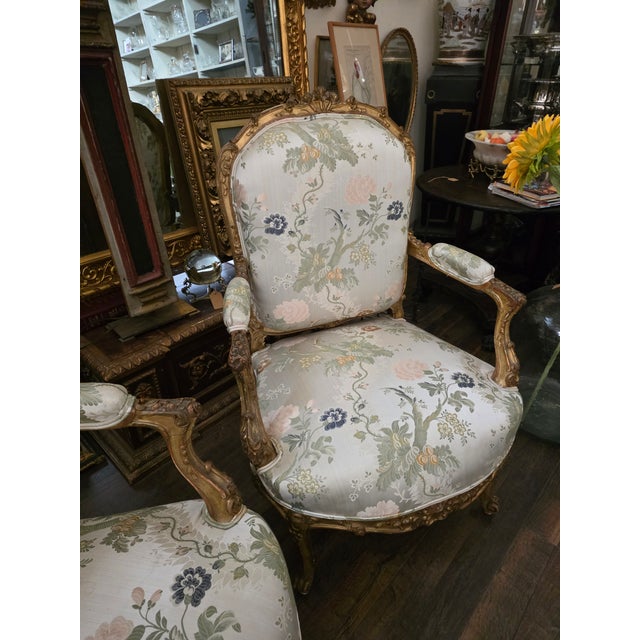French Antique Louis XV Style Giltwood Armchairs For Sale - Image 3 of 16