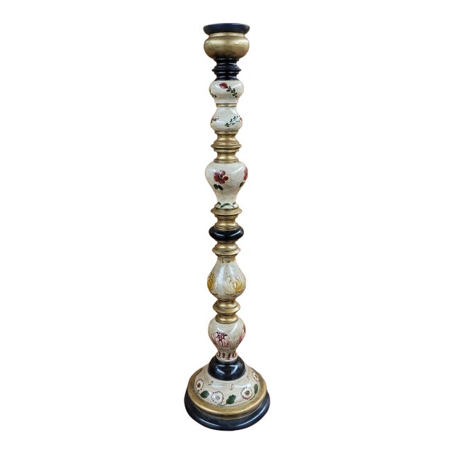 Late 20th Century German Hand-Painted and Decorated Wood Pillar Candlestick For Sale
